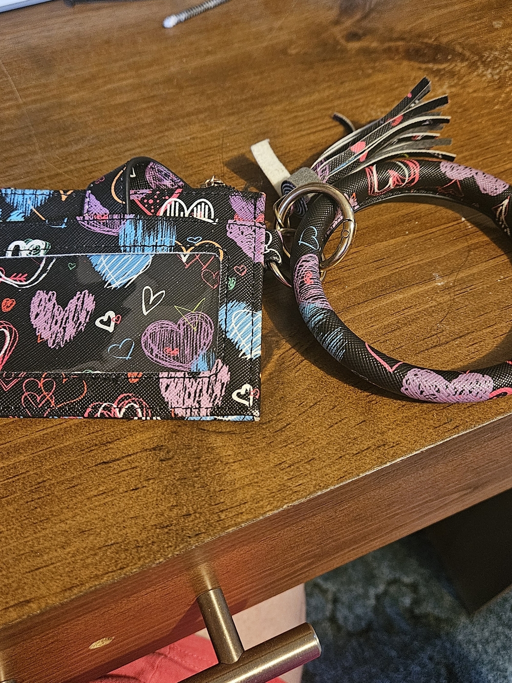 Wristlet Keyring and Card Holder Set in Black with Multicolor Hearts